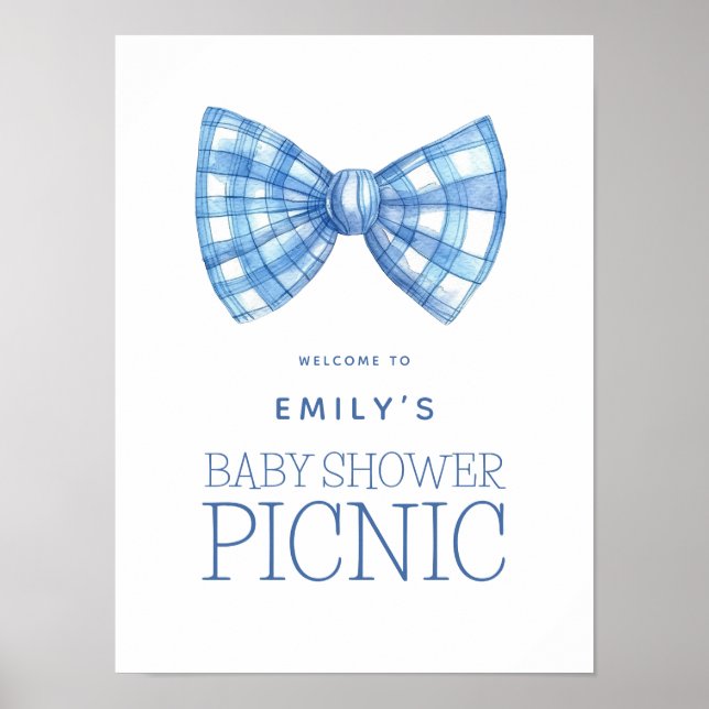 Blue Gingham Bow Tie Welcome Baby Shower Picnic Poster (Front)