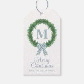 Blue Gingham Bow Wreath Gift Tag