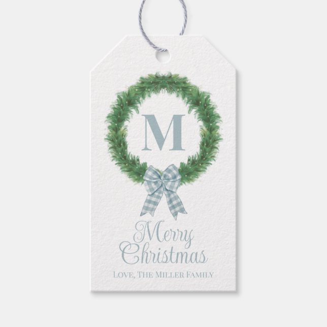 Blue Gingham Bow Wreath Gift Tag (Front)