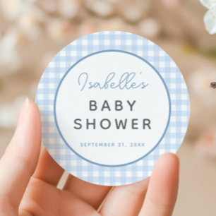 Blue Gingham Boy Baby Shower Classic Round Sticker