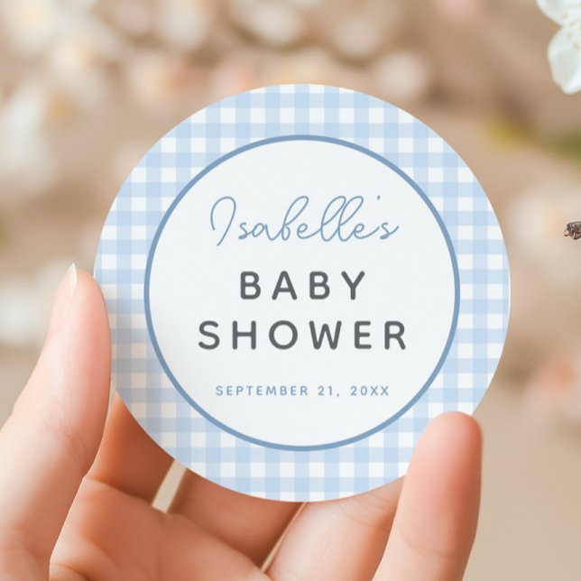 Blue Gingham Boy Baby Shower Classic Round Sticker (Blue gingham Baby Shower Sticker)