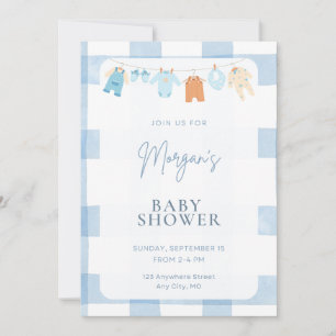 Blue Gingham Boy Baby Shower Clothesline Invitatio Invitation