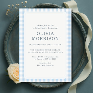 Blue Gingham Boy Baby Shower Invitation