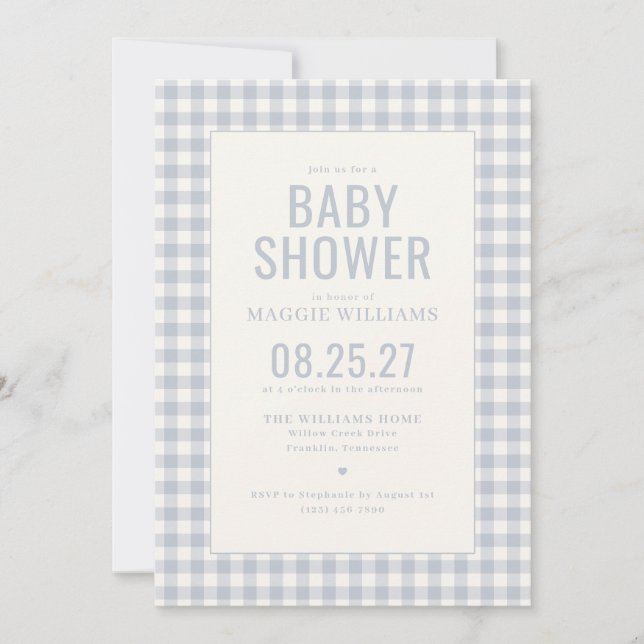 Blue Gingham Boy Baby Shower Invitation (Front)