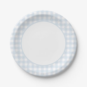 Blue Gingham Boy Baby Shower Paper Plate