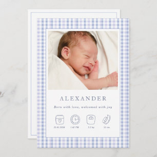 Blue Gingham  Boy Birth Announcement Photo Card