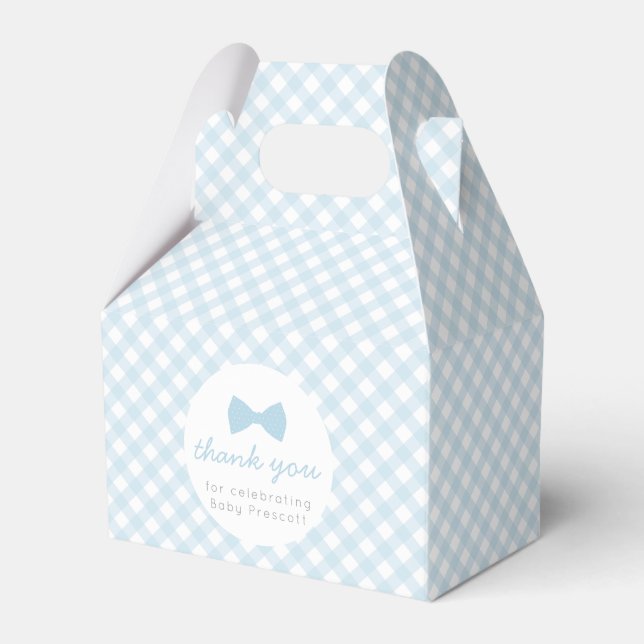 Blue gingham boy bow tie baby shower favour box (Front Side)