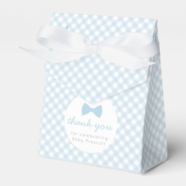 Blue gingham boy bow tie baby shower favour box (Front Side)