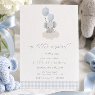Blue Gingham Boy Elephant First Birthday Invitation