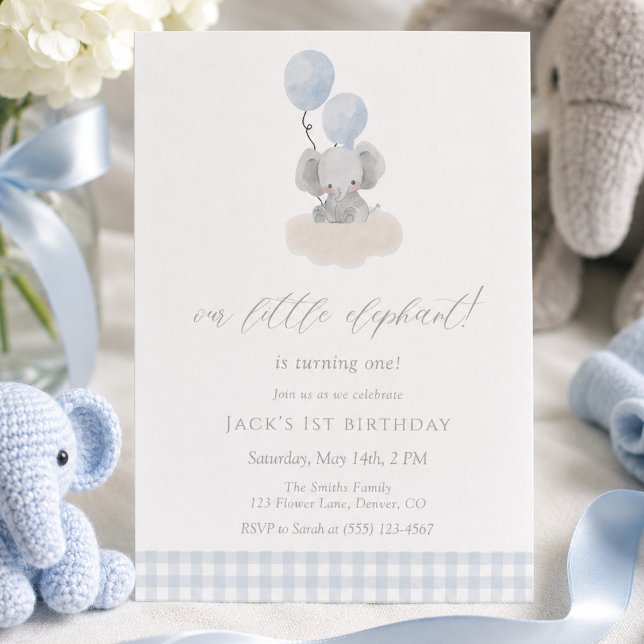 Blue Gingham Boy Elephant First Birthday  Invitation (Creator Uploaded)