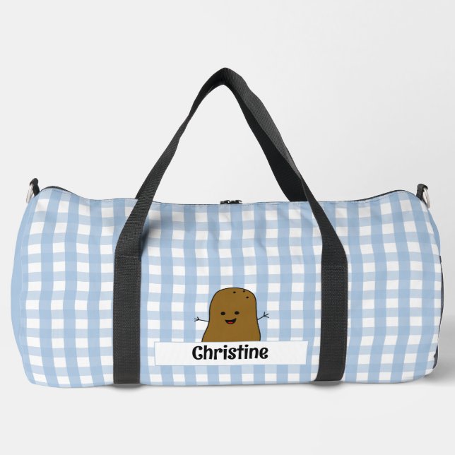 Blue Gingham Brown Potato Custom Duffle Bag (Front)