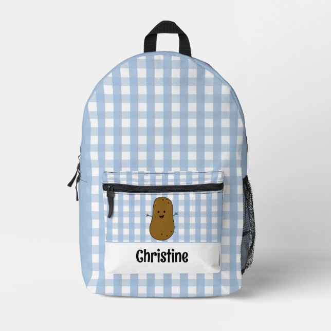 Blue Gingham Brown Potato Custom Printed Backpack (Front)