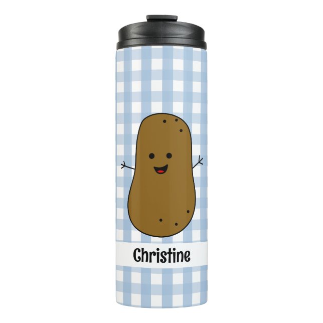 Blue Gingham Brown Potato Custom Thermal Tumbler (Front)