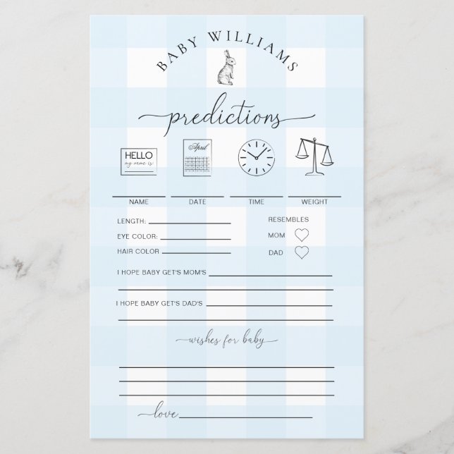 Blue Gingham Bunny Baby Predictions Game (Front)