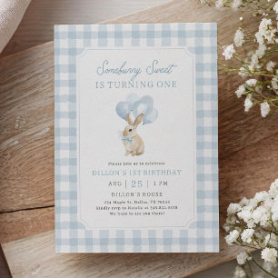 Blue Gingham Bunny First Birthday Invitation
