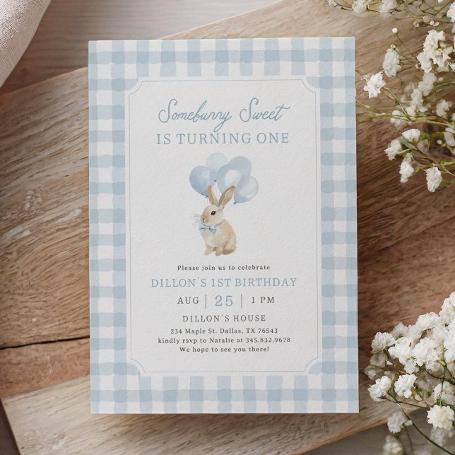 Blue Gingham Bunny First Birthday Invitation (Creator Uploaded)