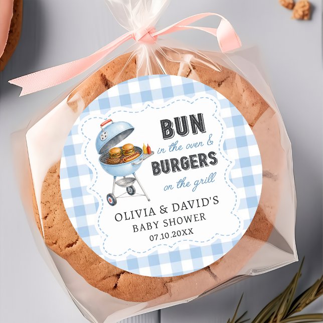 Blue Gingham Burger BBQ Baby Shower Sticker  (Creator Uploaded)