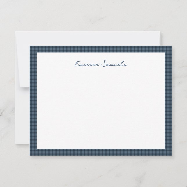 Blue gingham check frame personalised card (Front)