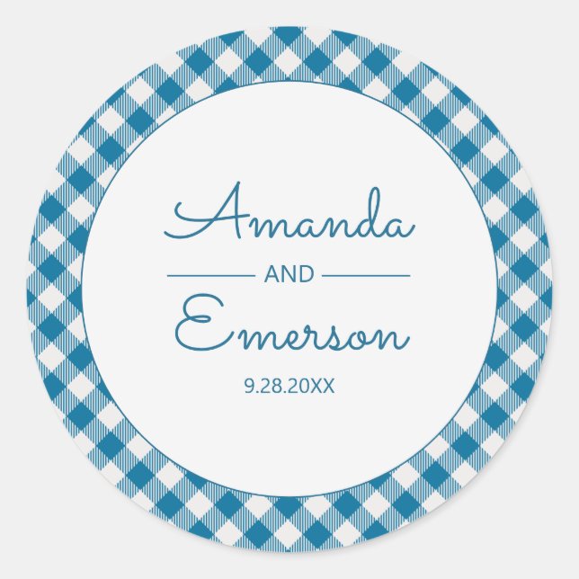 Blue Gingham Check Fun Casual Custom Wedding Favou Classic Round Sticker (Front)
