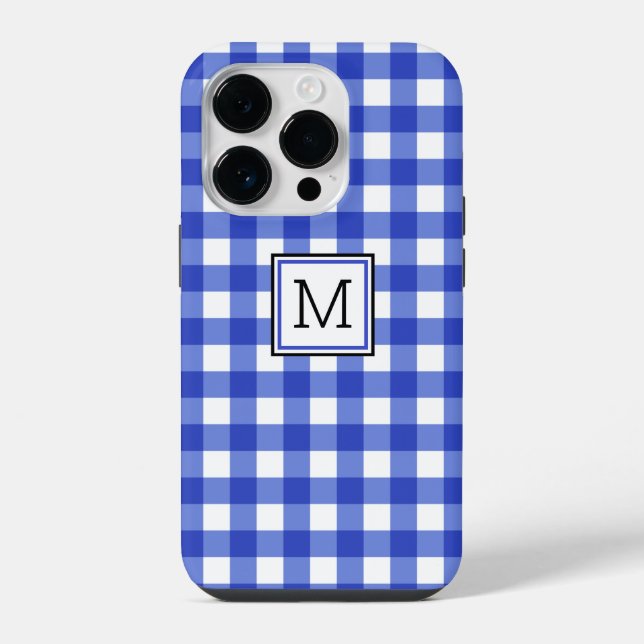 Blue Gingham Check Monogram iPhone Case (Back)