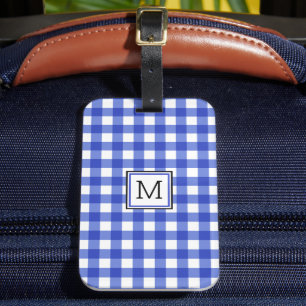 Blue Gingham Check Monogram Luggage Tag