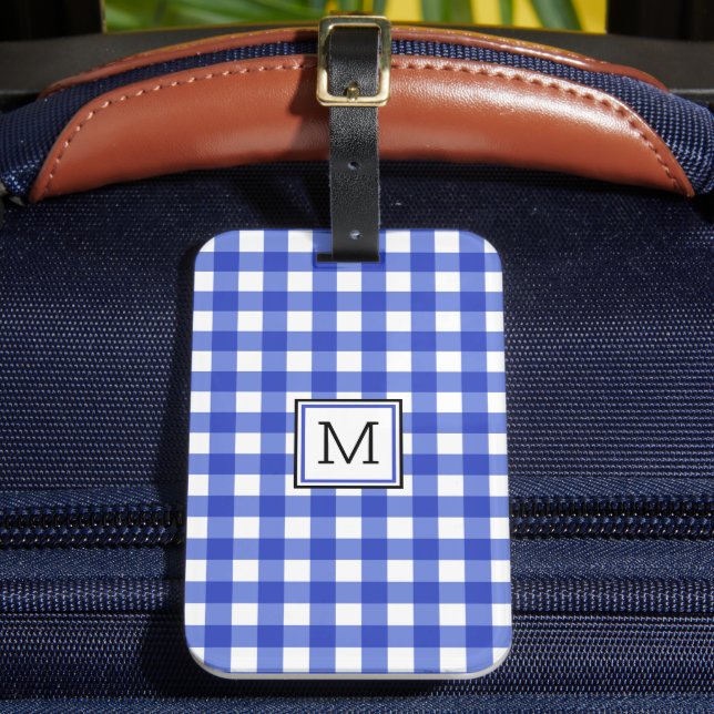 Blue Gingham Check Monogram Luggage Tag (Front Insitu 2)