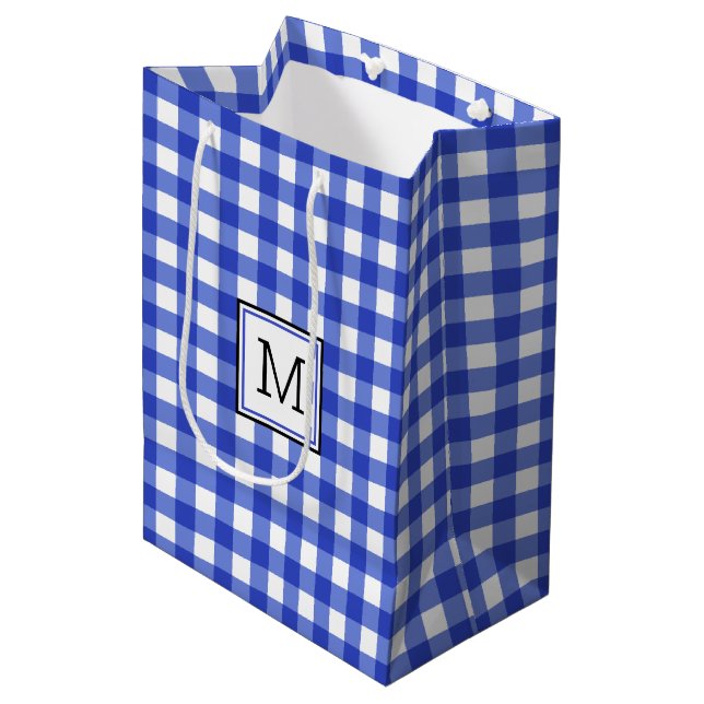 Blue Gingham Check Monogram Medium Gift Bag (Front Angled)