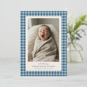 Blue Gingham Check Newborn Photo Baby Boy Birth Announcement