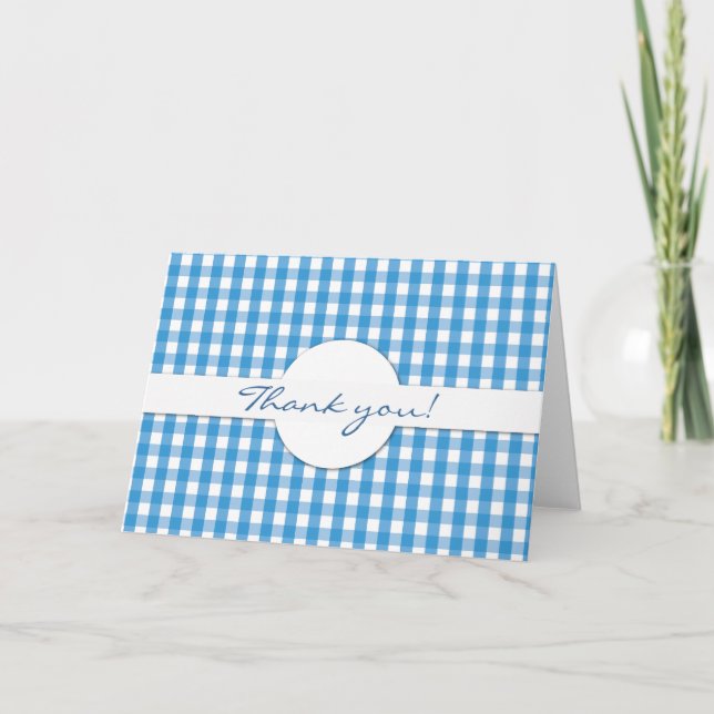 Blue Gingham Check Pattern Thank You Card (Front)