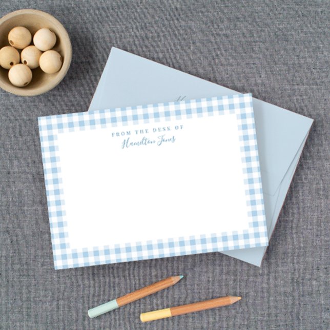 Blue Gingham Check Personal Stationery Thank You Card (Sweet baby blue gingham check with a matching blue envelope.)