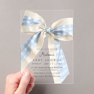 Blue Gingham Checks Bow Cute Baby Shower Acrylic Invitations
