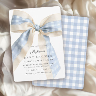 Blue Gingham Checks Bow Cute Baby Shower Invitation