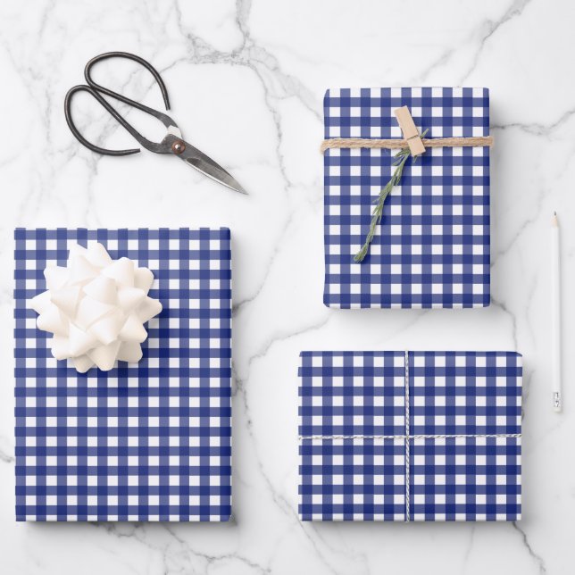 blue gingham chequered stylish trendy wrapping paper sheet (Front)