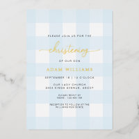 Blue Gingham Christening Gold Foil Invitation