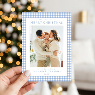 Blue Gingham Christmas Photo Holiday Card