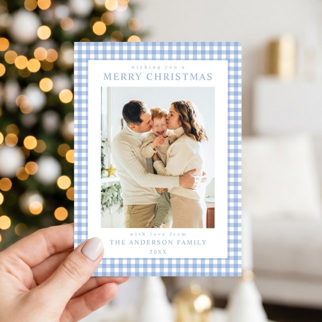 Blue Gingham Christmas Photo Holiday Card (Creator Uploaded)
