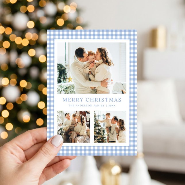 Blue Gingham Christmas Photo Holiday Card (Creator Uploaded)