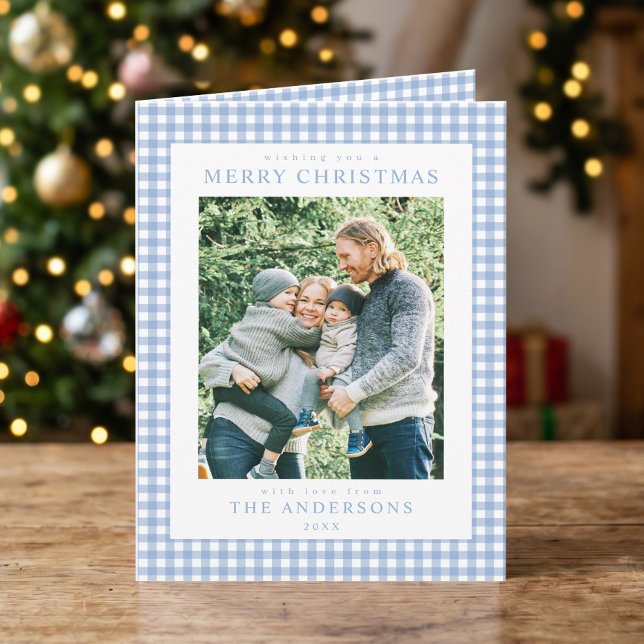 Blue Gingham Christmas Photo Holiday Card (Creator Uploaded)