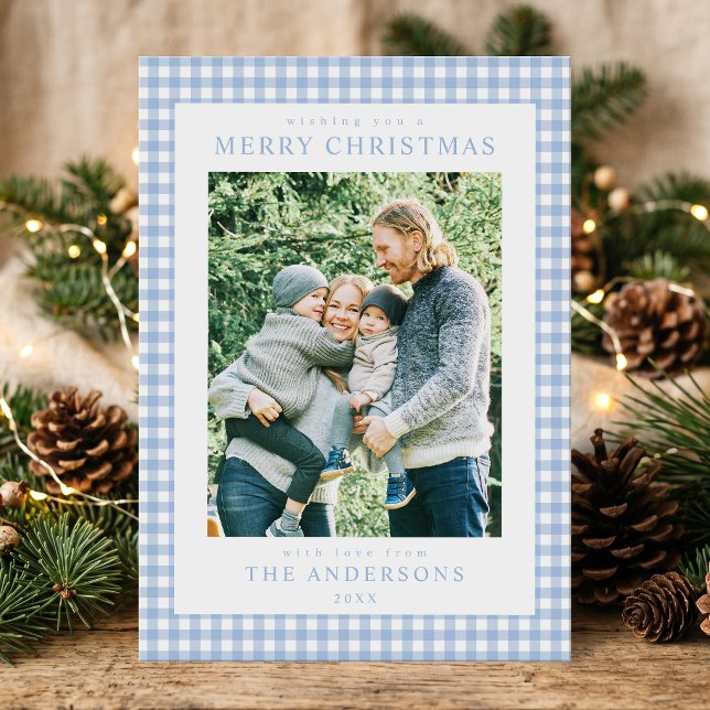 Blue Gingham Christmas Photo Holiday Card (Creator Uploaded)