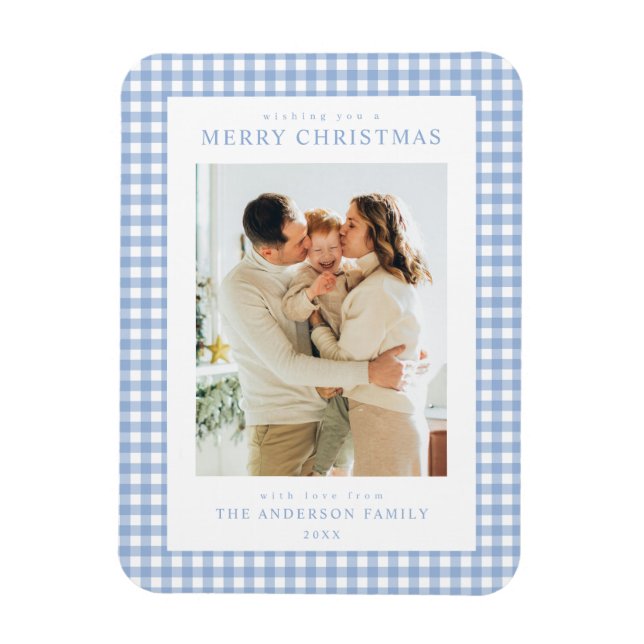 Blue Gingham Christmas Photo Magnet (Vertical)