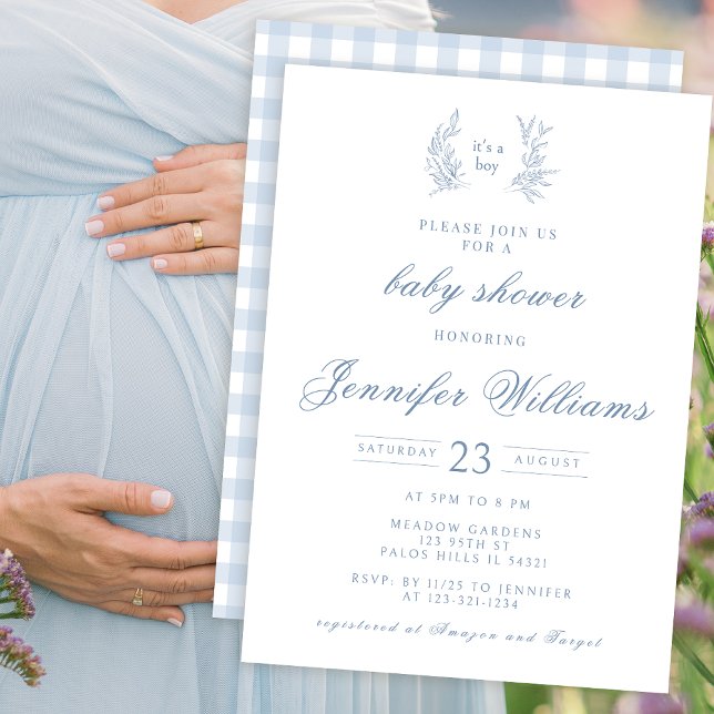 Blue gingham classic baby boy shower invitation (Creator Uploaded)