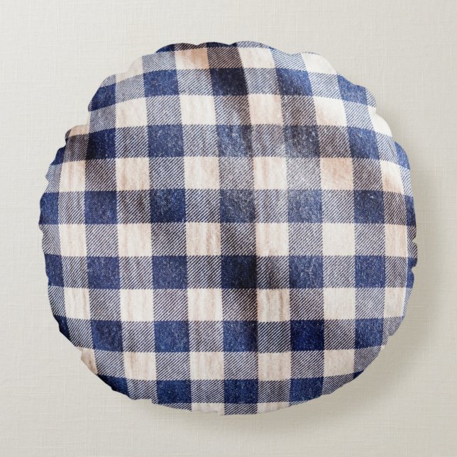 blue gingham cloth closeup, shirts fabric texture  round cushion (Front)