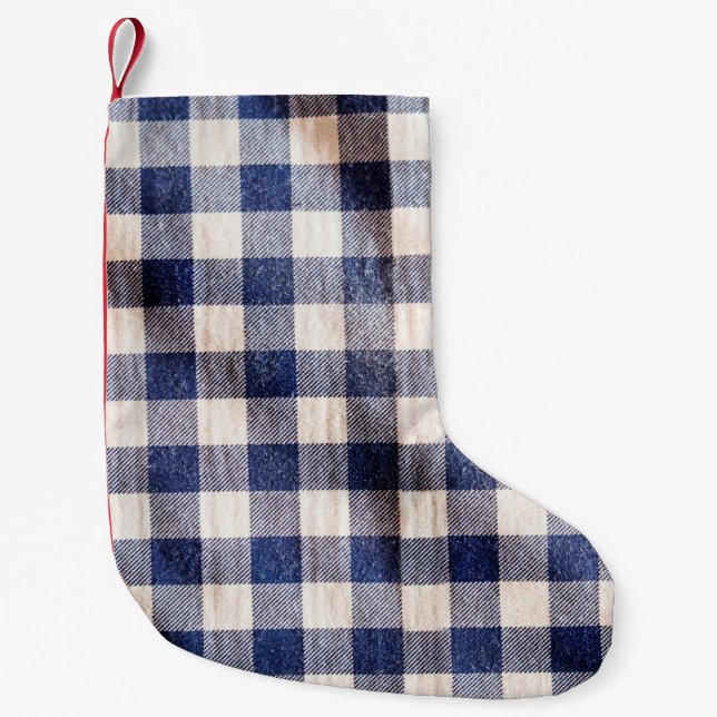 blue gingham cloth closeup, shirts fabric texture  small christmas stocking (Front)