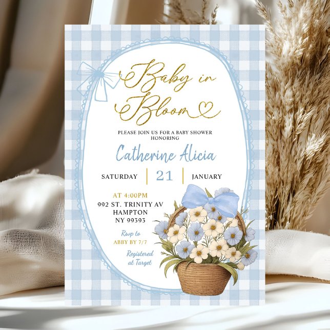 Blue Gingham Coquette Baby in Bloom Baby Shower Invitation (Creator Uploaded)
