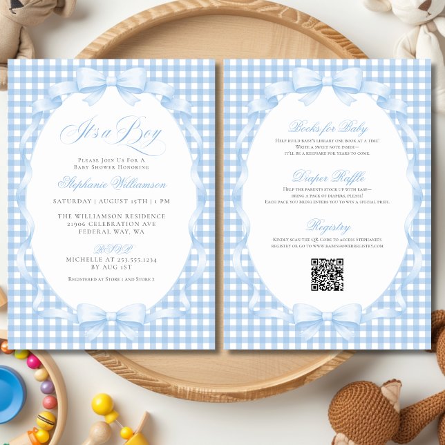 Blue Gingham Coquette Bow All-in-One Baby Shower Invitation (Blue Gingham Coquette Bow All-in-One Baby Shower Invitation)