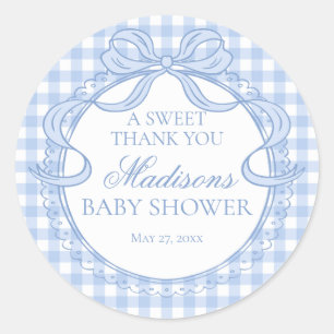 Blue Gingham Coquette Bow Baby Shower Favor Classic Round Sticker