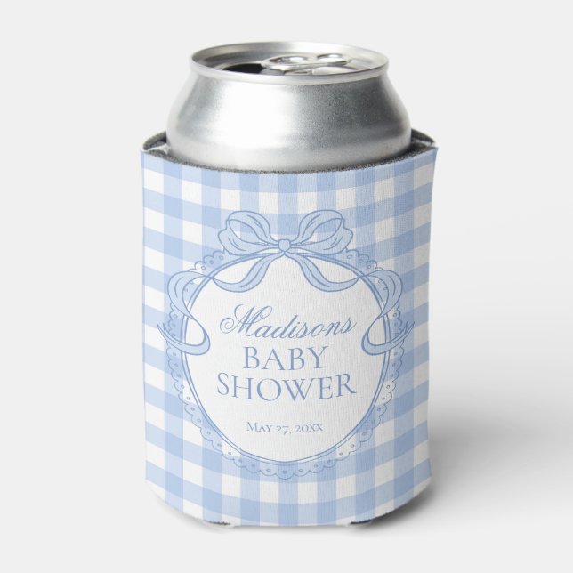 Blue Gingham Coquette Bow Baby Shower Favour Can Cooler (Can Front)