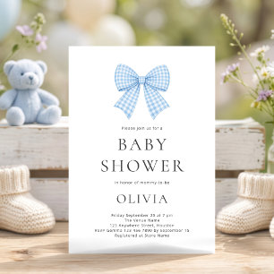 Blue Gingham Coquette Bow Baby Shower Invitation