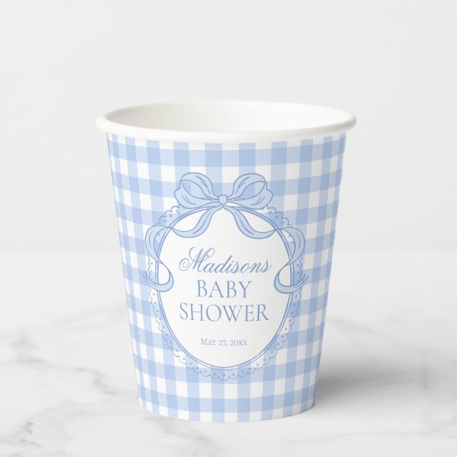 Blue Gingham Coquette Bow Baby Shower Paper Cups (Front)