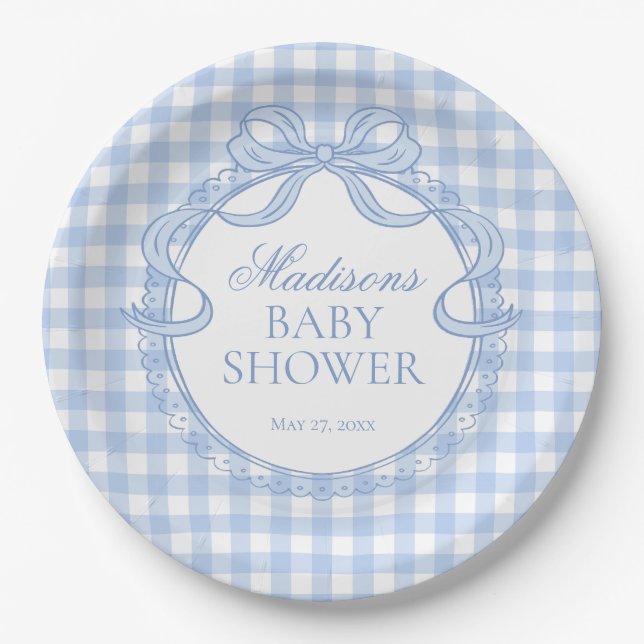 Blue Gingham Coquette Bow Baby Shower Paper Plate (Front)